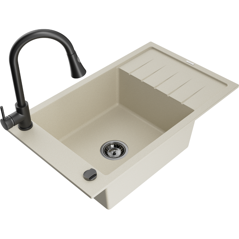 Mexen Elias 1-compartment granite sink with a drip tray and kitchen mixer tap Elia, White - 6511-69-670101-70