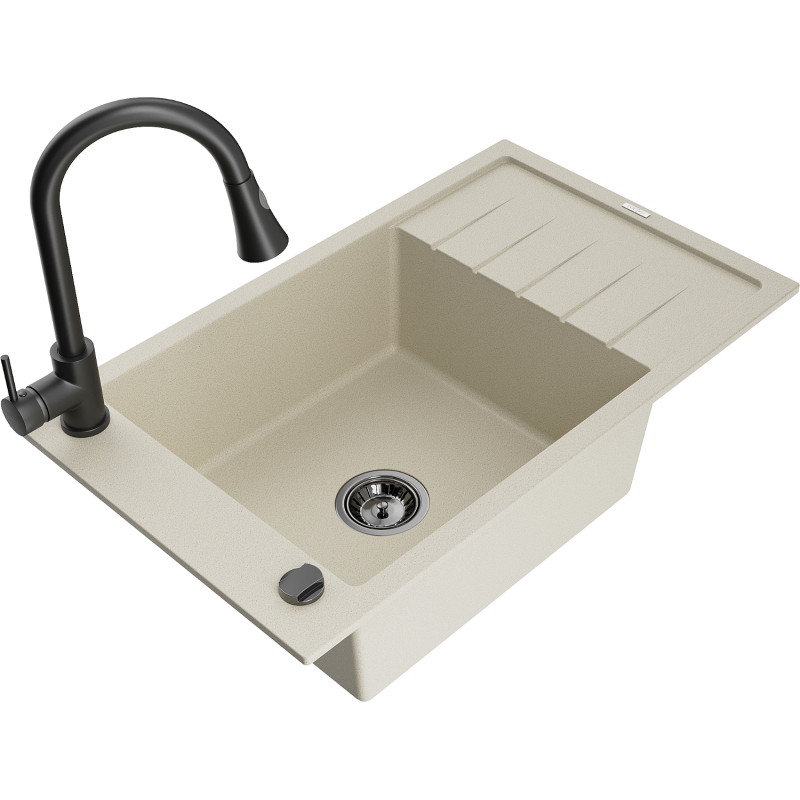 Mexen Elias granite kitchen sink 1-bowl with drainer and Elia kitchen faucet, beige - 6511-69-670101-70