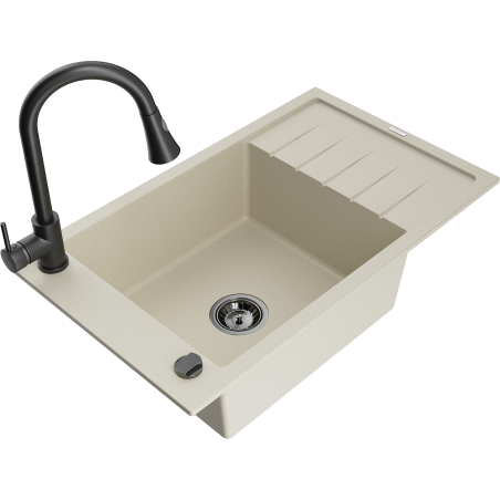 Mexen Elias 1-bowl granite kitchen sink with drainer and kitchen faucet Elia, beige - 6511-69-670101-70