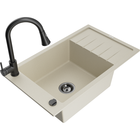 Mexen Elias granite kitchen sink 1-bowl with drainer and Elia kitchen faucet, beige - 6511-69-670101-70