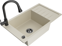 Mexen Elias granite kitchen sink 1-bowl with drainer and Elia kitchen faucet, beige - 6511-69-670101-70