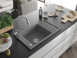 Mexen Elias single-bowl granite sink with drainer and kitchen tap Elia, grey - 6511-71-670101-00