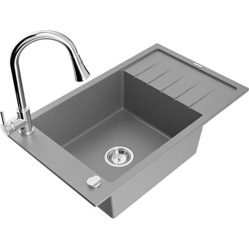 Mexen Elias 1-bowl granite sink with drainer and Elia kitchen faucet, gray - 6511-71-670101-00