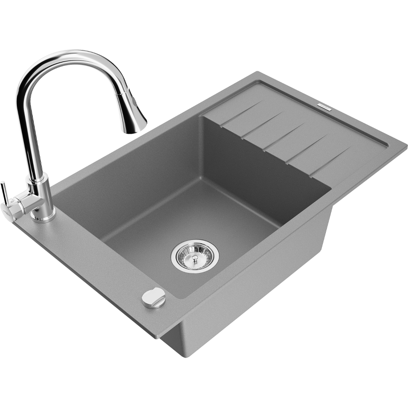 Mexen Elias single-bowl granite sink with drainer and kitchen tap Elia, grey - 6511-71-670101-00