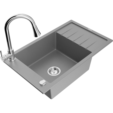 Mexen Elias 1-bowl granite sink with drainer and Elia kitchen faucet, gray - 6511-71-670101-00