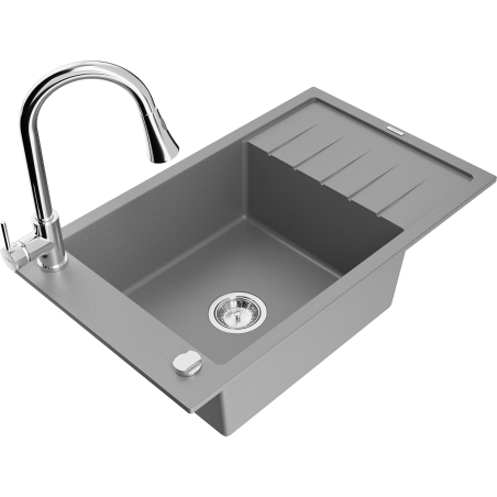 Mexen Elias single-bowl granite sink with drainer and kitchen tap Elia, grey - 6511-71-670101-00