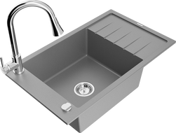 Mexen Elias 1-compartment granite sink with a drip tray and kitchen mixer tap Elia, Grey - 6511-71-670101-00