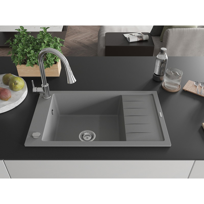 Mexen Elias 1-bowl granite sink with drainer and Elia kitchen faucet, gray - 6511-71-670101-00