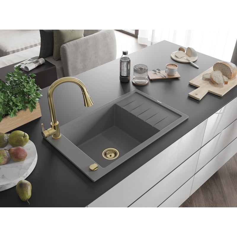 Mexen Elias 1-bowl granite kitchen sink with drainer and Elia kitchen faucet, gray - 6511-71-670101-50