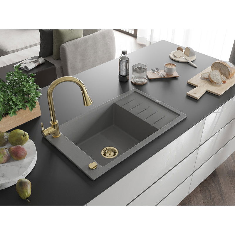 Mexen Elias 1-bowl granite sink with drainer and Elia kitchen tap, grey - 6511-71-670101-50