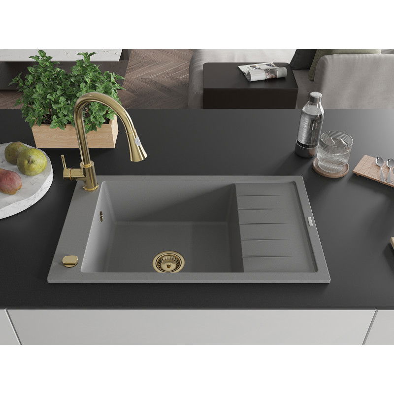 Mexen Elias 1-bowl granite sink with drainer and Elia kitchen tap, grey - 6511-71-670101-50