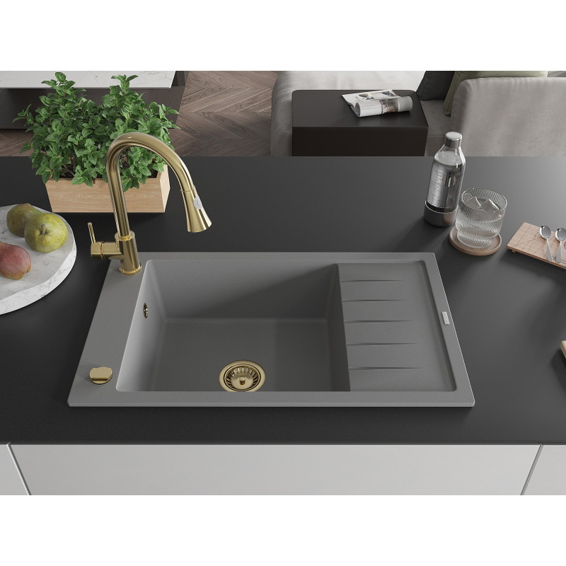 Mexen Elias granite sink 1-bowl with drainer and kitchen faucet Elia, gray - 6511-71-670101-50