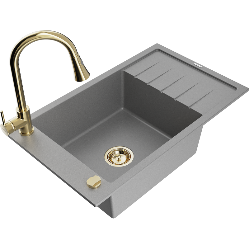 Mexen Elias 1-bowl granite sink with drainer and Elia kitchen tap, grey - 6511-71-670101-50