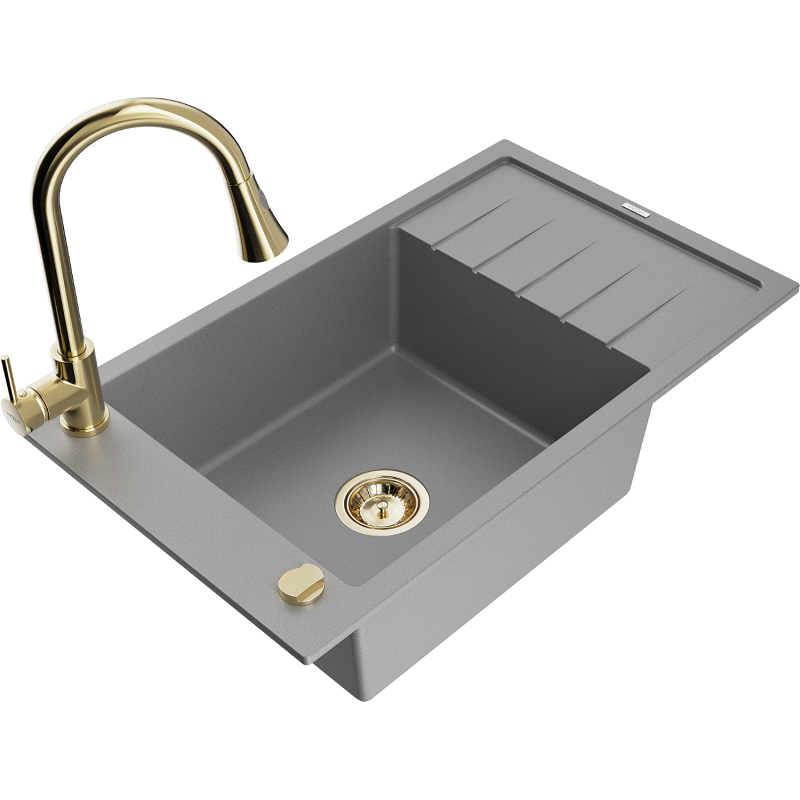 Mexen Elias 1-compartment granite sink with a drip tray and kitchen mixer tap Elia, Grey - 6511-71-670101-50