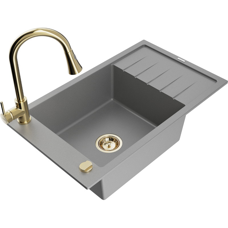 Mexen Elias granite sink 1-bowl with drainer and kitchen faucet Elia, gray - 6511-71-670101-50