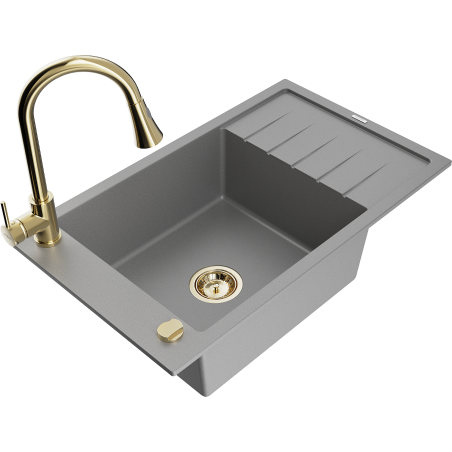 Mexen Elias granite sink 1-bowl with drainer and kitchen faucet Elia, gray - 6511-71-670101-50