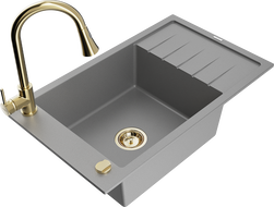 Mexen Elias 1-bowl granite kitchen sink with drainer and Elia kitchen faucet, gray - 6511-71-670101-50
