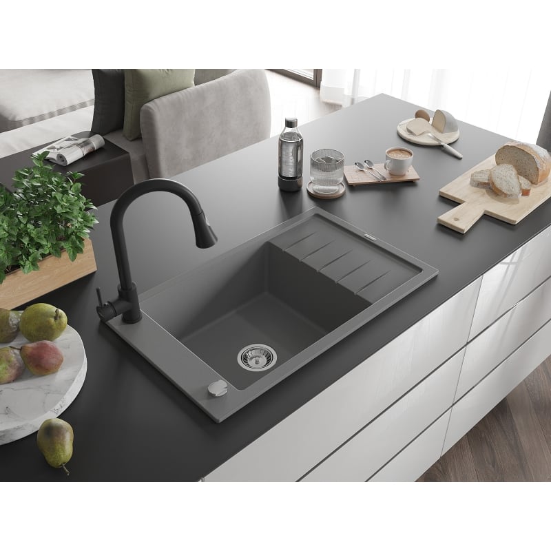 Mexen Elias granite sink 1-bowl with drainer and kitchen faucet Elia, gray - 6511-71-670101-70