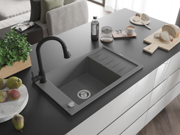 Mexen Elias 1-bowl granite sink with drainer and Elia kitchen faucet, gray - 6511-71-670101-70