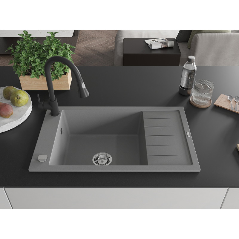 Mexen Elias 1-bowl granite sink with drainer and Elia kitchen faucet, gray - 6511-71-670101-70