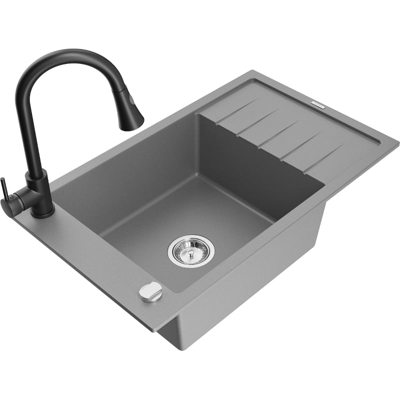 Mexen Elias granite sink 1-bowl with drainer and kitchen faucet Elia, gray - 6511-71-670101-70