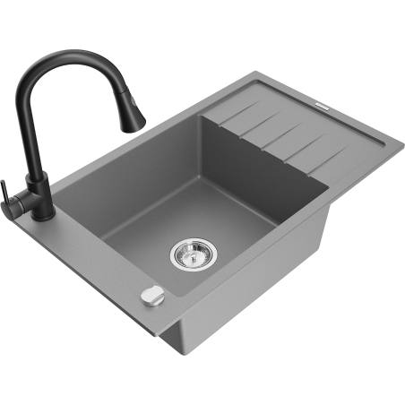 Mexen Elias 1-bowl granite sink with drainer and Elia kitchen faucet, gray - 6511-71-670101-70
