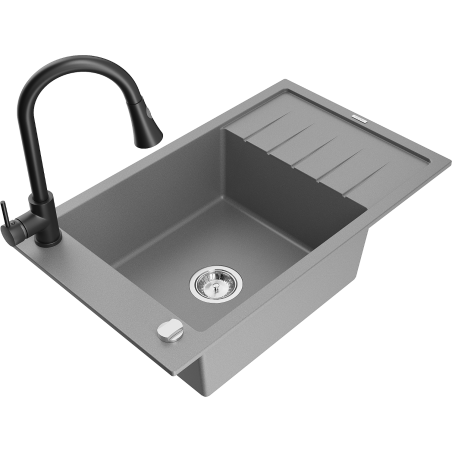 Mexen Elias granite sink 1-bowl with drainer and kitchen faucet Elia, gray - 6511-71-670101-70