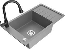 Mexen Elias 1-bowl granite sink with drainer and Elia kitchen faucet, gray - 6511-71-670101-70