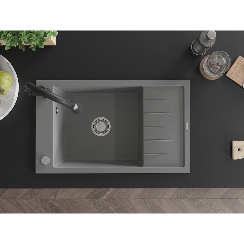 Mexen Elias granite sink 1-bowl with drainer and kitchen faucet Elia, gray - 6511-71-670101-70