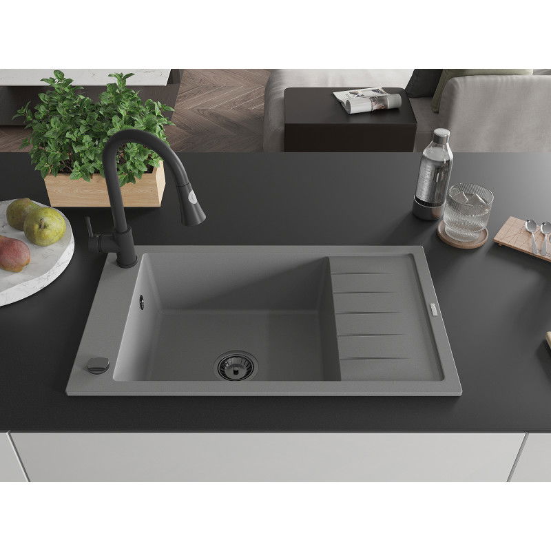 Mexen Elias 1-bowl granite sink with drainer and Elia kitchen tap, grey - 6511-71-670101-70-B