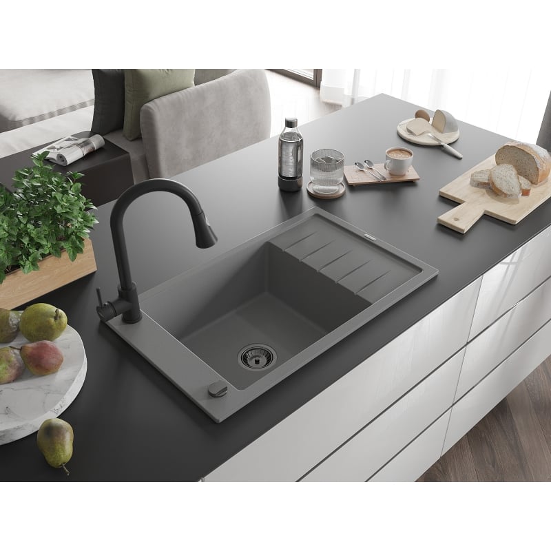 Mexen Elias 1-bowl granite sink with drainer and Elia kitchen faucet, gray - 6511-71-670101-70-B