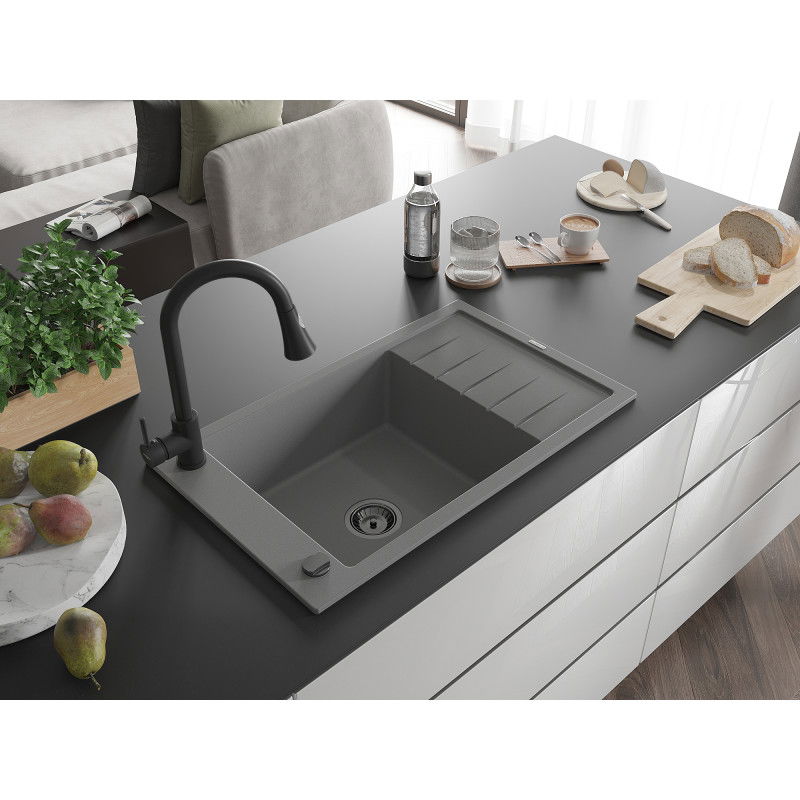 Mexen Elias 1-bowl granite sink with drainer and Elia kitchen tap, grey - 6511-71-670101-70-B