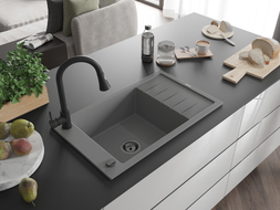 Mexen Elias 1-bowl granite sink with drainer and kitchen faucet Elia, gray - 6511-71-670101-70-B