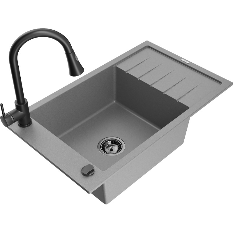 Mexen Elias 1-bowl granite sink with drainer and kitchen faucet Elia, gray - 6511-71-670101-70-B