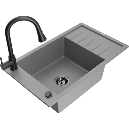Mexen Elias 1-compartment granite sink with a drip tray and kitchen mixer tap Elia, Grey - 6511-71-670101-70-B