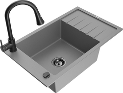 Mexen Elias 1-bowl granite sink with drainer and Elia kitchen faucet, gray - 6511-71-670101-70-B