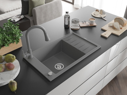 Mexen Elias 1-bowl granite sink with drainer and Elia kitchen faucet, gray - 6511-71-670101-71