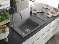 Mexen Elias 1-compartment granite sink with a drip tray and kitchen mixer tap Elia, Grey - 6511-71-670101-71