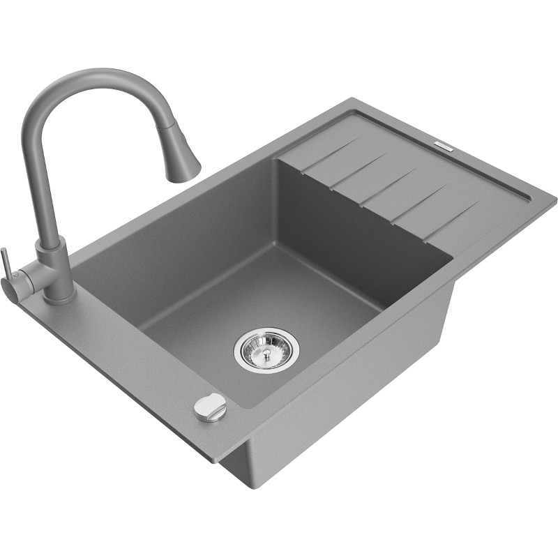 Mexen Elias 1-bowl granite sink with drainer and Elia kitchen faucet, gray - 6511-71-670101-71