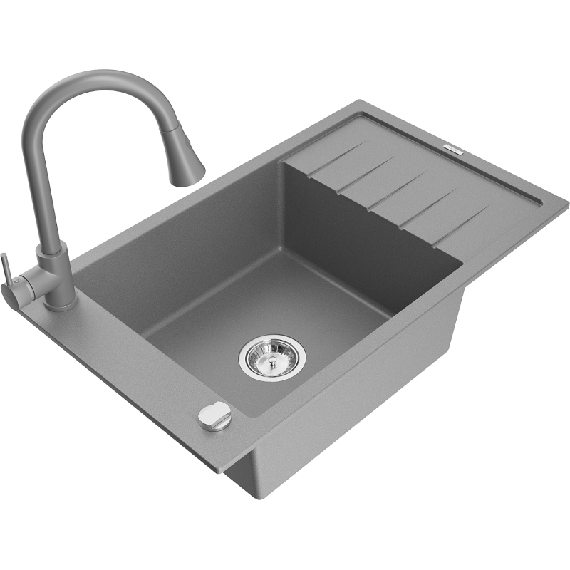 Mexen Elias 1-bowl granite sink with drainer and Elia kitchen tap, grey - 6511-71-670101-71