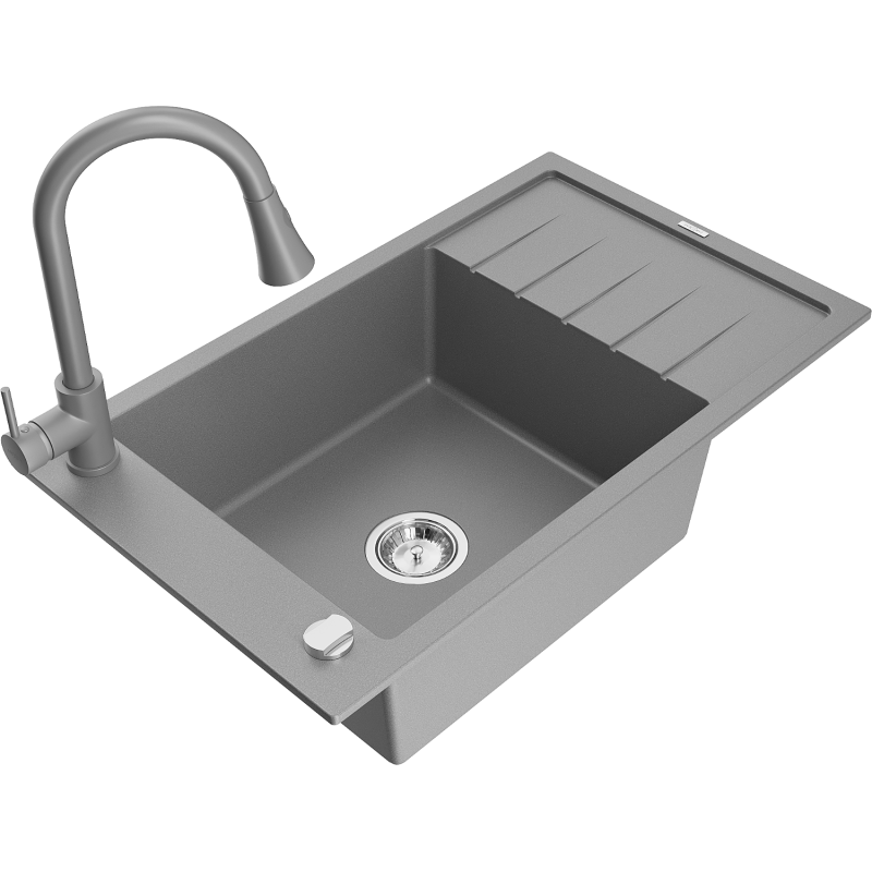Mexen Elias 1-compartment granite sink with a drip tray and kitchen mixer tap Elia, Grey - 6511-71-670101-71