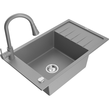 Mexen Elias 1-bowl granite sink with drainer and Elia kitchen faucet, gray - 6511-71-670101-71