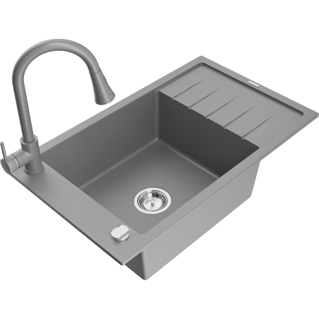 Mexen Elias 1-bowl granite sink with drainer and Elia kitchen tap, grey - 6511-71-670101-71