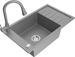 Mexen Elias 1-compartment granite sink with a drip tray and kitchen mixer tap Elia, Grey - 6511-71-670101-71