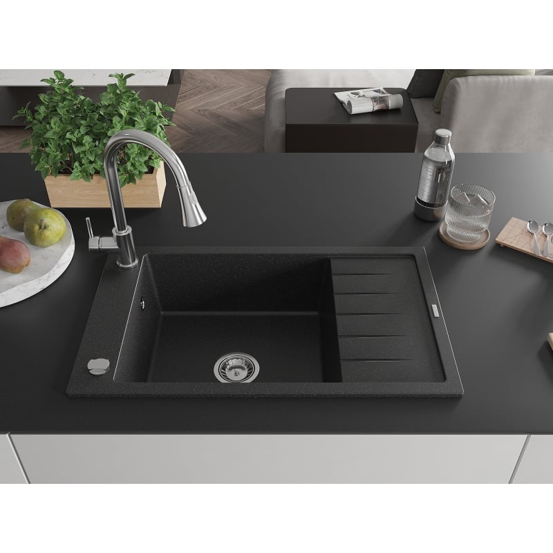 Mexen Elias granite sink 1-bowl with drainer and kitchen faucet Elia, black/silver metallic - 6511-73-670101-00