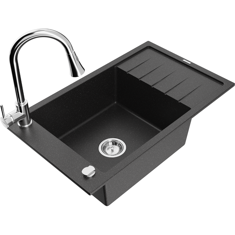 Mexen Elias 1-compartment granite sink with a drip tray and kitchen mixer tap Elia, Black/Silver metallic - 6511-73-670101-00