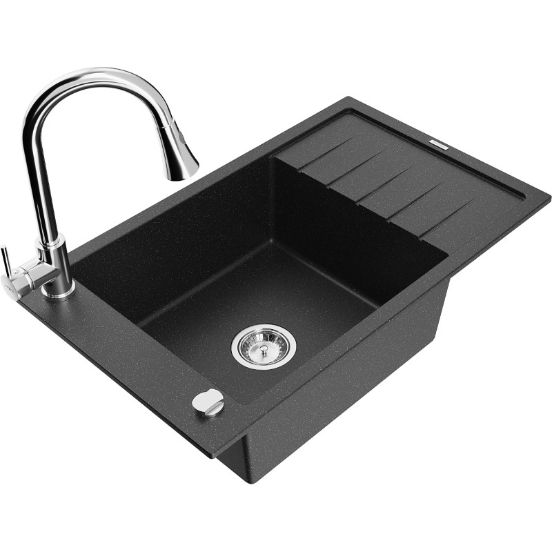 Mexen Elias granite sink 1-bowl with drainer and kitchen faucet Elia, black/silver metallic - 6511-73-670101-00