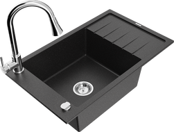 Mexen Elias granite sink 1-bowl with drainer and kitchen faucet Elia, black/silver metallic - 6511-73-670101-00
