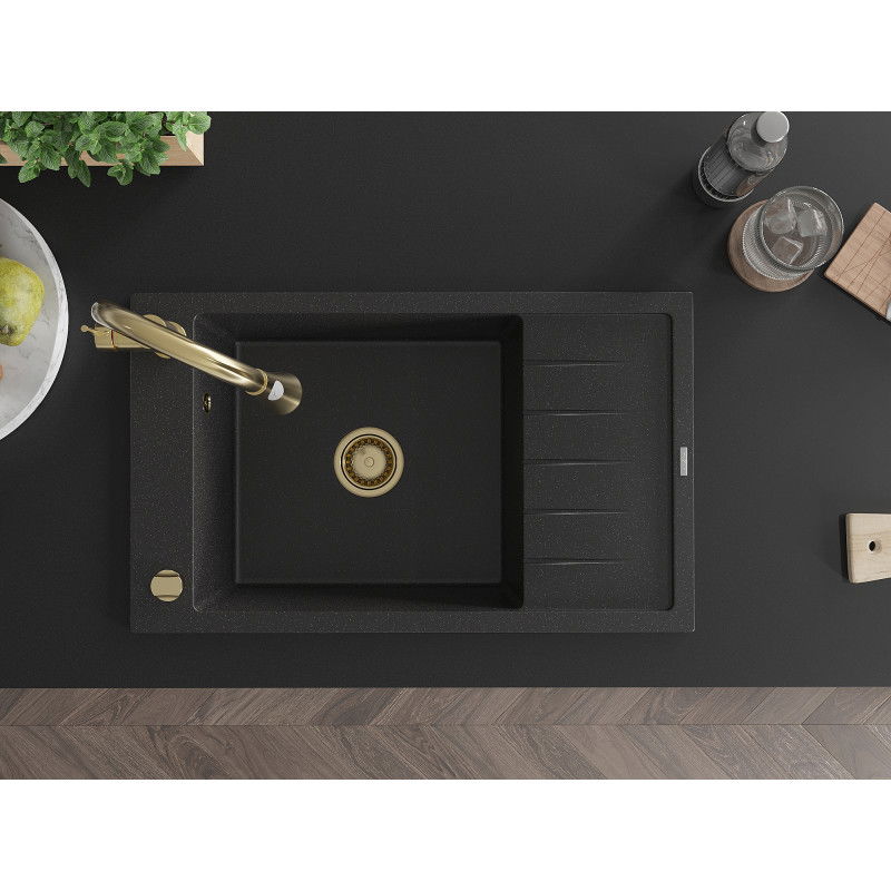 Mexen Elias 1-bowl granite sink with drainer and Elia kitchen tap, black/silver metallic - 6511-73-670101-50