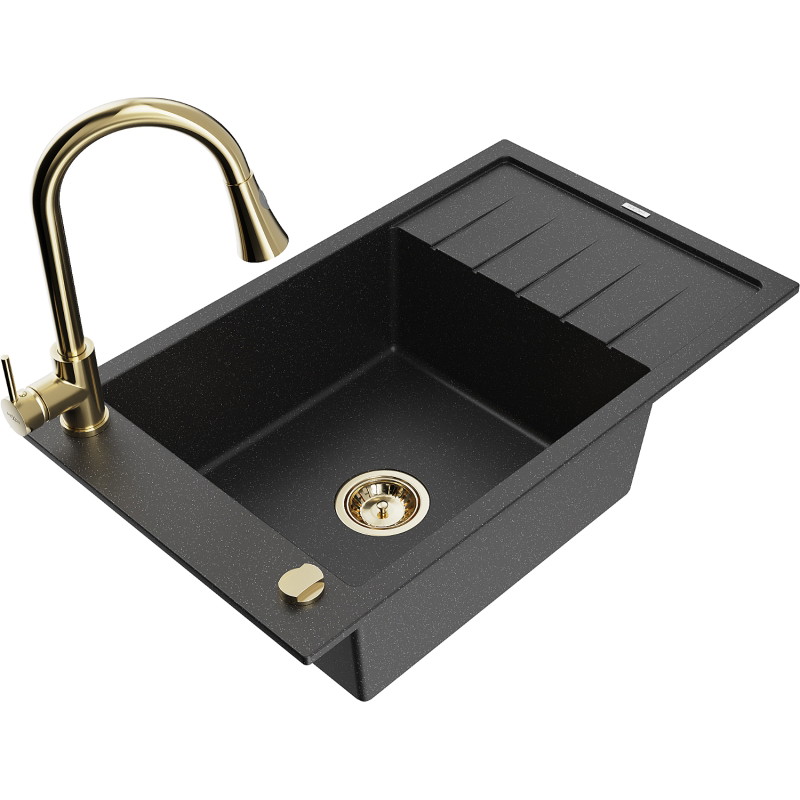 Mexen Elias granite kitchen sink 1-bowl with drainer and Elia kitchen faucet, black/silver metallic - 6511-73-670101-50